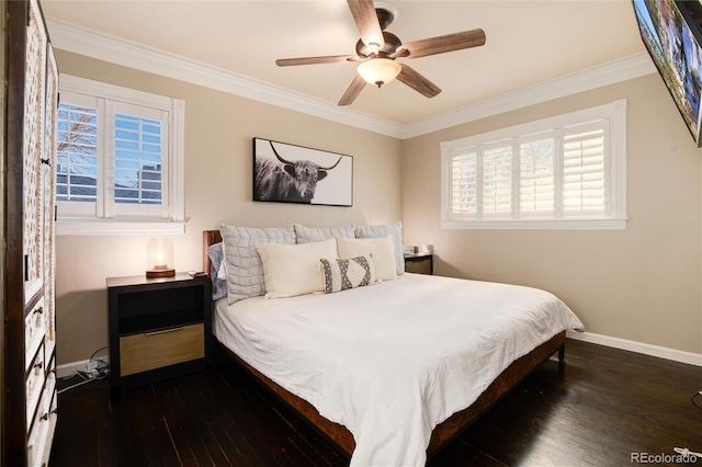 bedroom featuring dark wood-style floors, baseboards, and ornamental molding