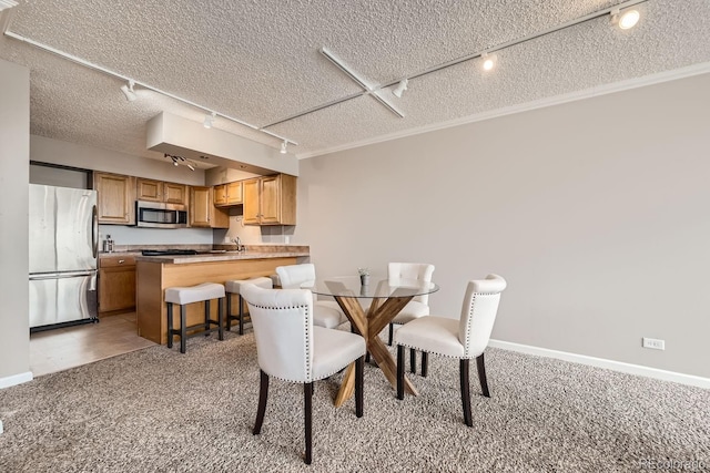 carpeted dining room with rail lighting, sink, ornamental molding, and a textured ceiling