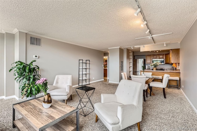 1850 Folsom St Unit 402, Boulder, CO 80302 - living room with rail lighting, crown molding, light carpet, baseboards, and a textured ceiling