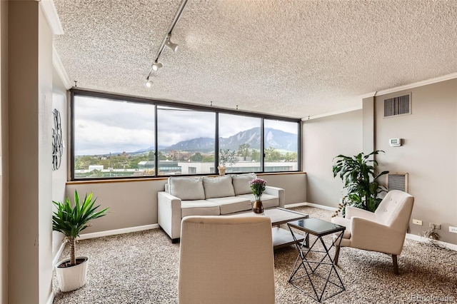 1850 Folsom St Unit 402, Boulder, CO 80302 - carpeted living room featuring track lighting, baseboards, a mountain view, and a textured ceiling