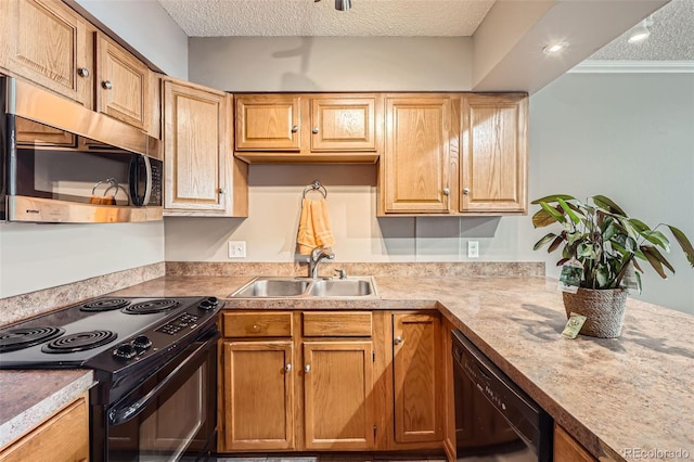 1850 Folsom St Unit 402, Boulder, CO 80302 - kitchen featuring black appliances, a sink, light countertops, a textured ceiling, and crown molding