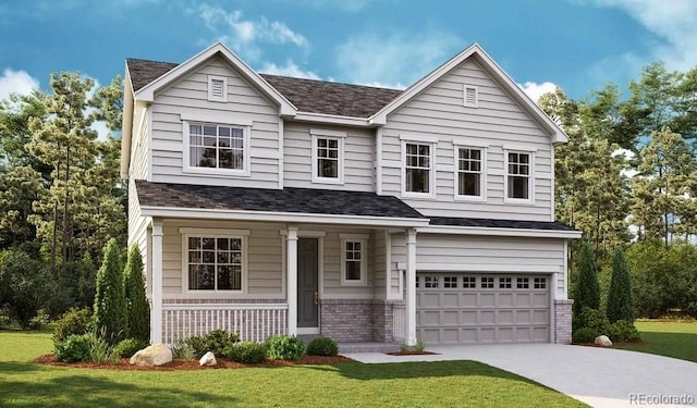 view of front facade with an attached garage, concrete driveway, brick siding, and a front yard