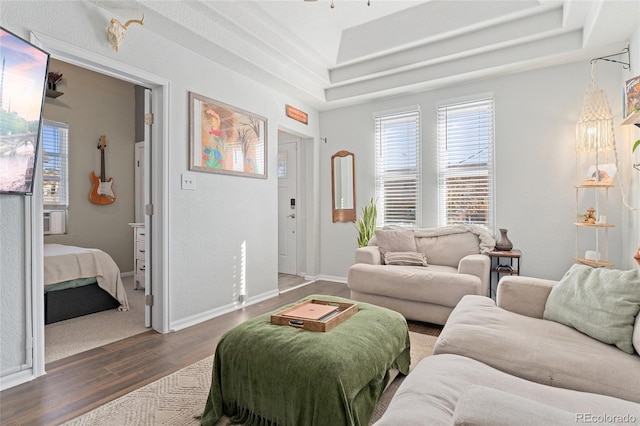 living room with a tray ceiling, dark wood-type flooring, and baseboards