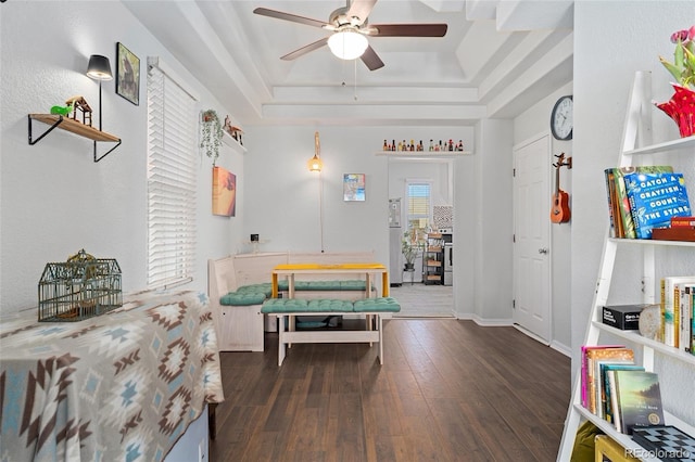 recreation room featuring ceiling fan, a tray ceiling, and dark wood-style flooring