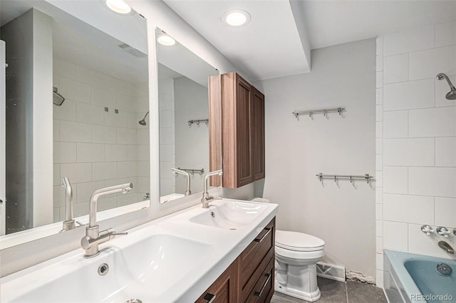 8727 E Girard Ave, Denver, CO 80231 - full bathroom featuring double vanity, shower / washtub combination, recessed lighting, and tile patterned flooring