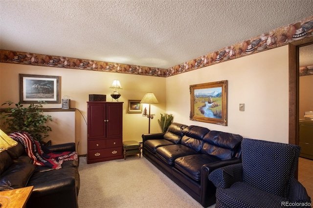 carpeted living room with a textured ceiling