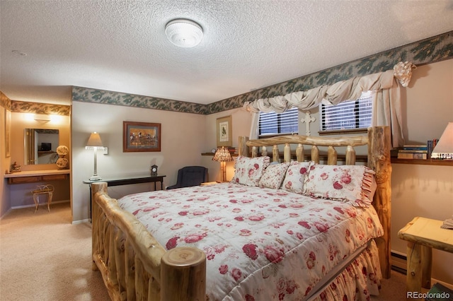 carpeted bedroom with a baseboard heating unit and a textured ceiling