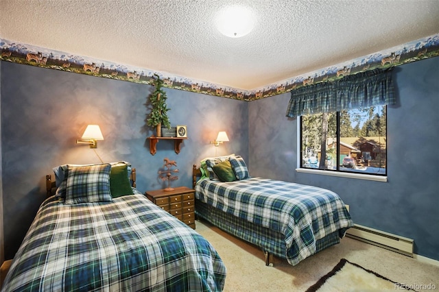 carpeted bedroom featuring a textured ceiling and baseboard heating