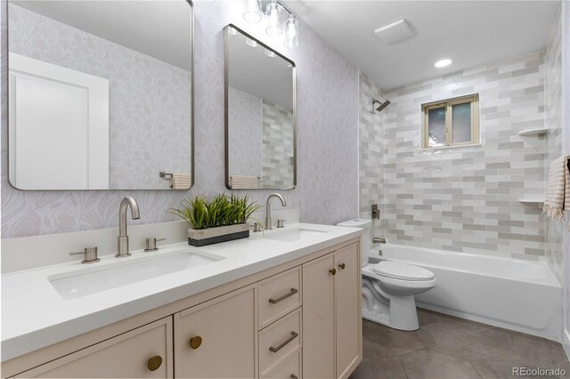 8079 W 67th Ave, Arvada, CO 80004 - bathroom featuring double vanity,  shower combination, tile patterned flooring, wallpapered walls, and recessed lighting