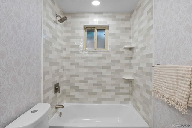 8079 W 67th Ave, Arvada, CO 80004 - bathroom with wallpapered walls, shower / bath combination, and recessed lighting