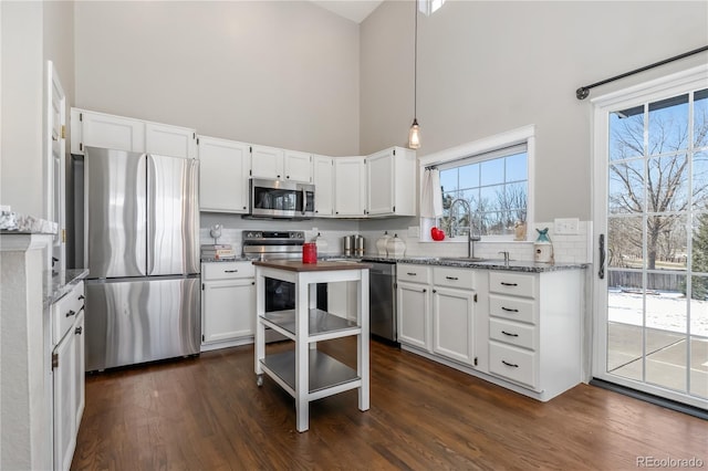 kitchen featuring a sink, dark stone countertops, dark wood-style floors, appliances with stainless steel finishes, and white cabinets