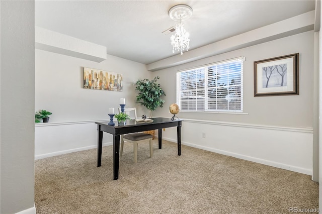 office area with a notable chandelier, baseboards, carpet, and visible vents