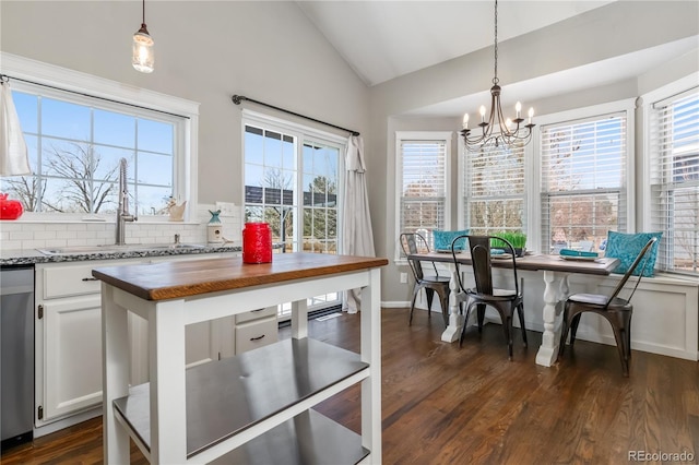 kitchen with dishwasher, vaulted ceiling, decorative backsplash, wood counters, and a sink