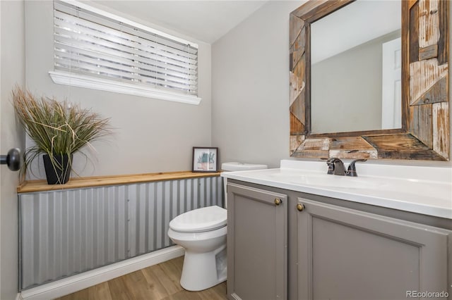 bathroom with vanity, toilet, and wood finished floors