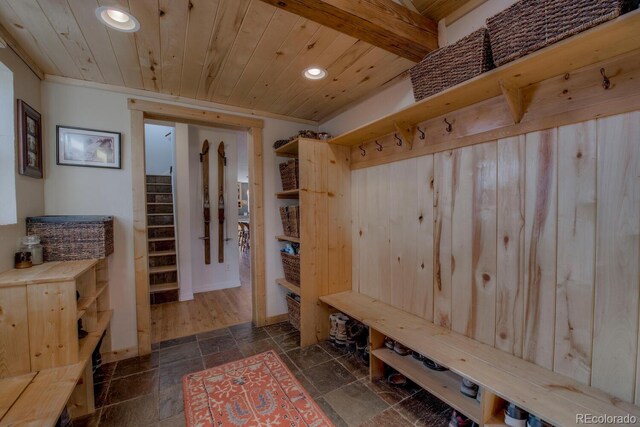136 W Buckskin Rd, Alma, CO 80420 - mudroom with recessed lighting, wooden ceiling, and stone tile flooring