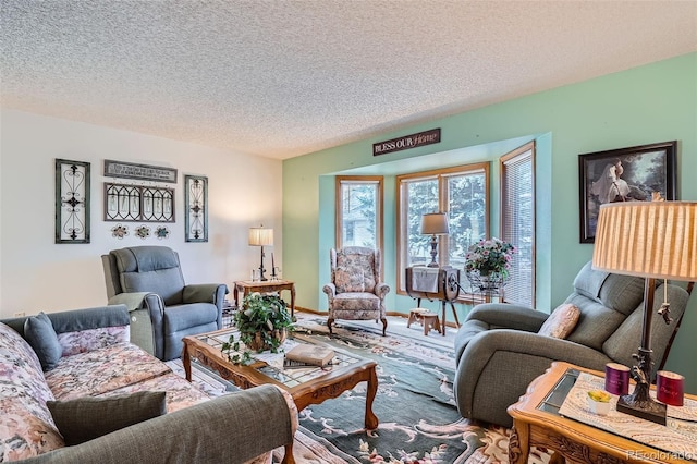 living room with a textured ceiling