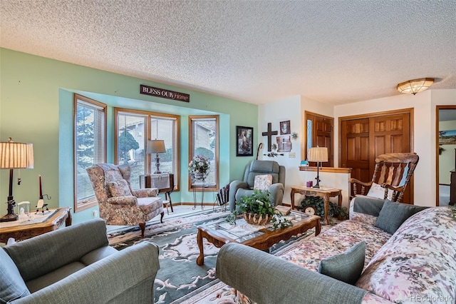 living room featuring a textured ceiling