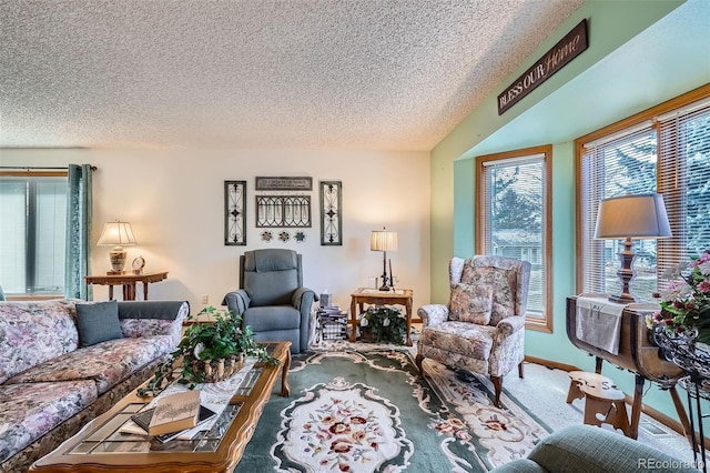 carpeted living room featuring a textured ceiling