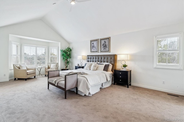 carpeted bedroom featuring baseboards, multiple windows, and visible vents