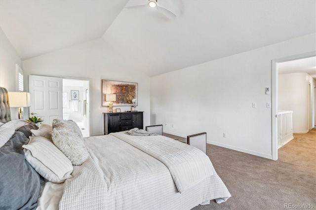 bedroom with lofted ceiling, carpet, a ceiling fan, and baseboards