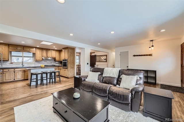 living room featuring sink and light hardwood / wood-style flooring