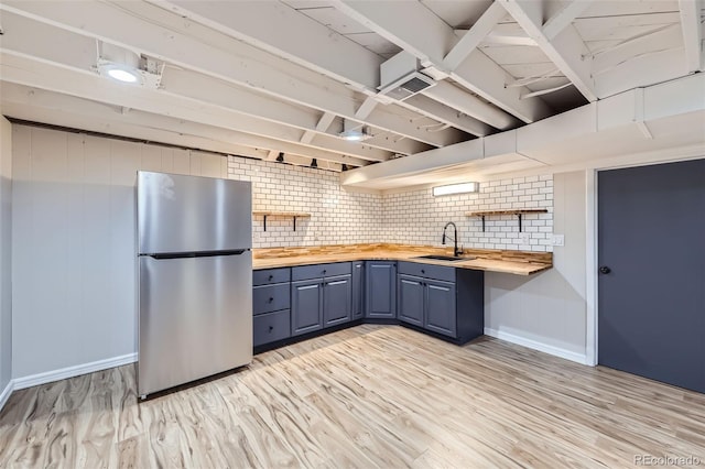 kitchen with stainless steel fridge, butcher block counters, sink, and backsplash