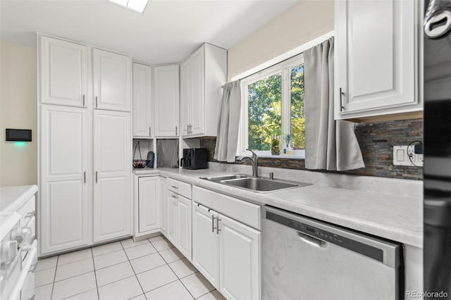 3397 W Tanforan Dr, Englewood, CO 80110 - kitchen featuring stainless steel dishwasher, light tile patterned floors, white cabinetry, and backsplash
