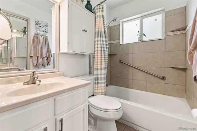 3397 W Tanforan Dr, Englewood, CO 80110 - bathroom with vanity, shower / tub combo with curtain, and tile patterned flooring