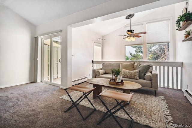 living room featuring a baseboard heating unit, vaulted ceiling, and carpet flooring