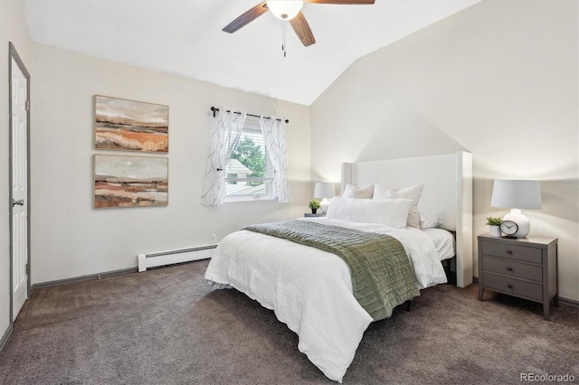 carpeted bedroom featuring ceiling fan, lofted ceiling, and baseboard heating