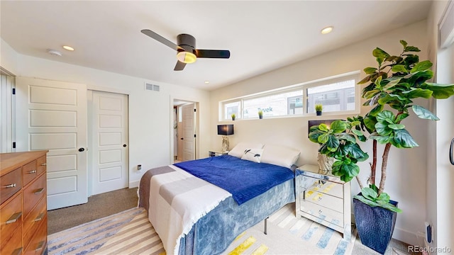 2147 S Sherman St, Denver, CO 80210 - bedroom featuring recessed lighting, light colored carpet, and a ceiling fan