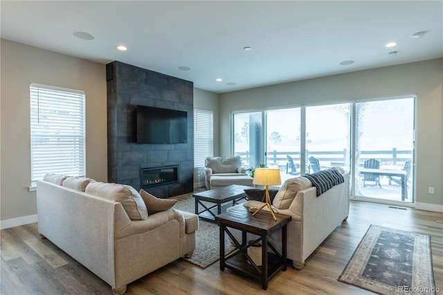 living room featuring a tiled fireplace, a healthy amount of sunlight, and wood-type flooring