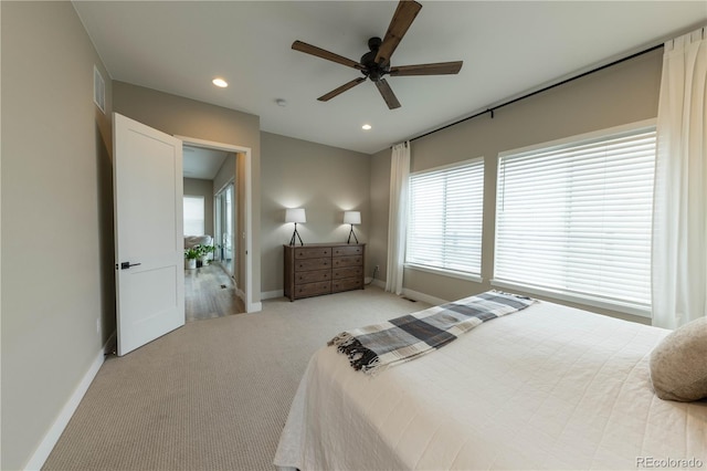 bedroom with recessed lighting, baseboards, ceiling fan, and light colored carpet