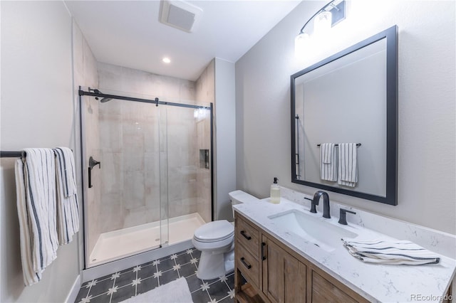 bathroom with toilet, a shower stall, visible vents, and vanity