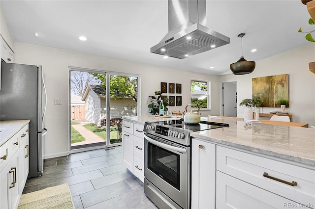 4781 S Grant St, Englewood, CO 80113 - kitchen with appliances with stainless steel finishes, exhaust hood, light stone countertops, white cabinets, and recessed lighting