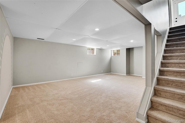 4781 S Grant St, Englewood, CO 80113 - basement with stairs, light carpet, recessed lighting, and baseboards