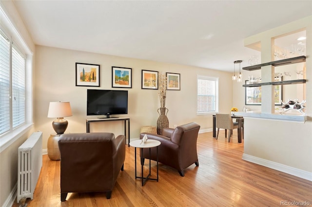 2813 Jasmine St, Denver, CO 80207 - living area with radiator heating unit, light wood-style floors, healthy amount of natural light, and baseboards