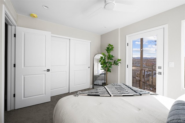 bedroom with a ceiling fan, carpet, a closet, and access to exterior