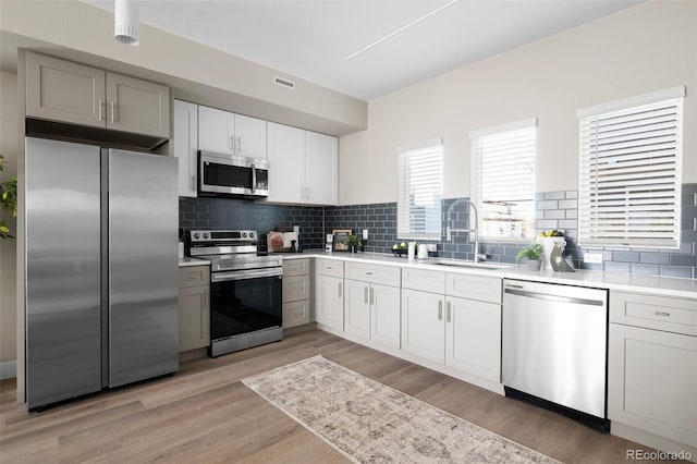 kitchen featuring backsplash, light countertops, a sink, light wood-style flooring, and appliances with stainless steel finishes
