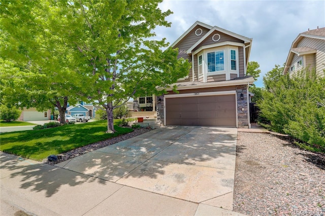 12671 Meadow Bridge Way, Parker, CO 80134 - view of front of house featuring an attached garage, concrete driveway, stone siding, and a front yard