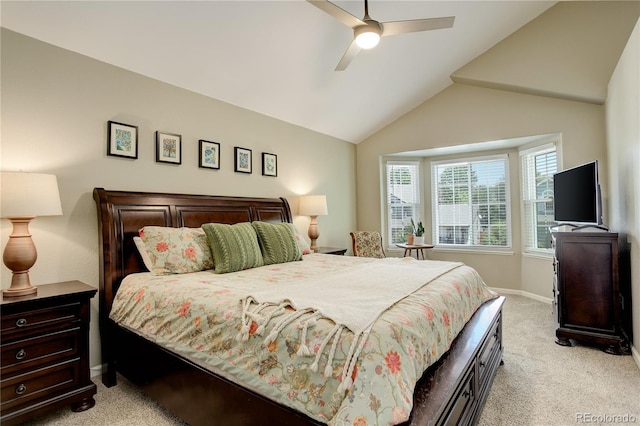 12671 Meadow Bridge Way, Parker, CO 80134 - bedroom with light carpet, baseboards, lofted ceiling, and ceiling fan