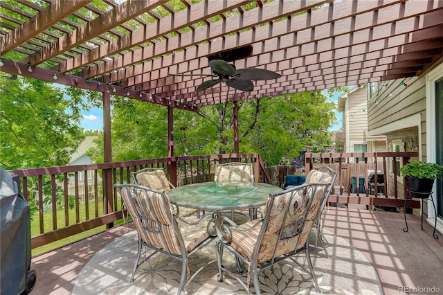 12671 Meadow Bridge Way, Parker, CO 80134 - view of patio / terrace featuring outdoor dining area, ceiling fan, a deck, and a pergola