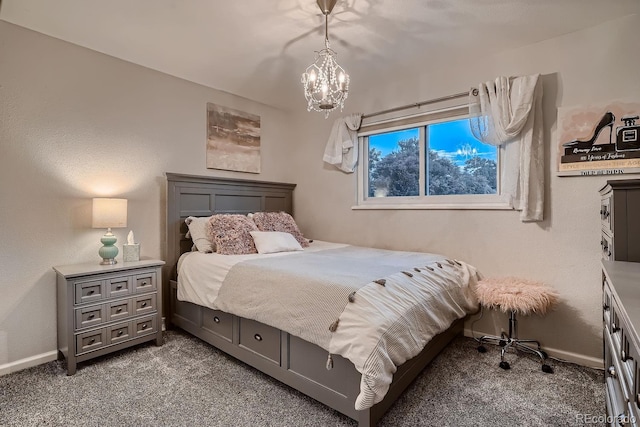 bedroom with a chandelier, baseboards, and light colored carpet
