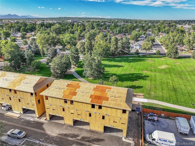 drone / aerial view featuring a mountain view