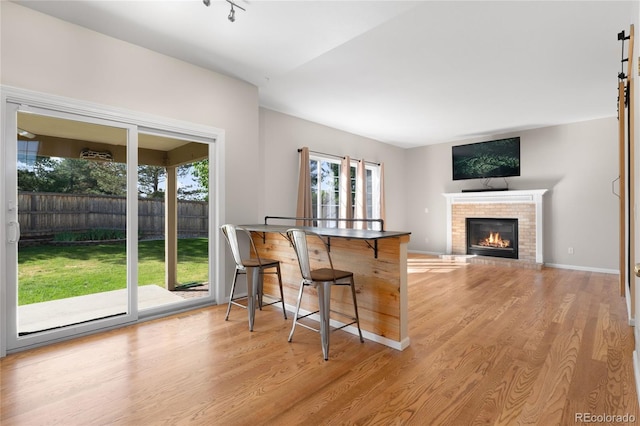 9898 Tourmaline Ct, Parker, CO 80134 - kitchen with light wood-style flooring, a fireplace, and a breakfast bar area