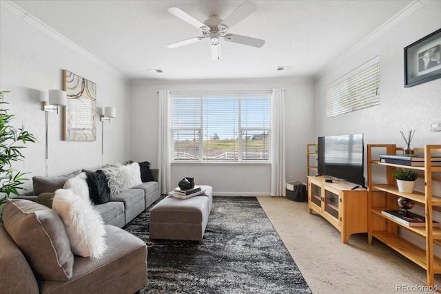 1761 S Buchanan Cir, Aurora, CO 80018 - living room with light colored carpet, crown molding, visible vents, and a ceiling fan