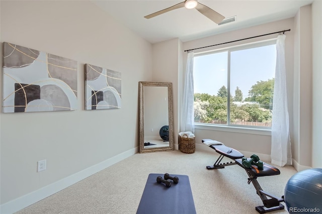 exercise room featuring carpet flooring and ceiling fan