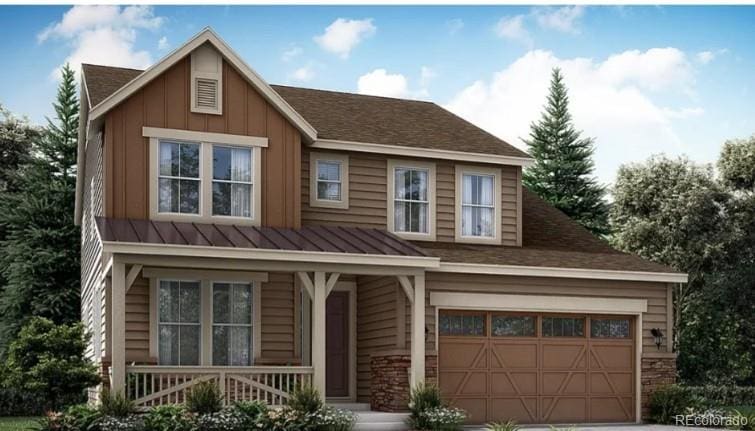 14513 Hudson Way, Thornton, CO 80602 - view of front of property featuring a porch, driveway, board and batten siding, a standing seam roof, and metal roof
