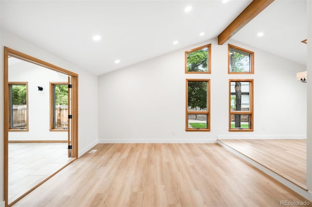 655 Cree Cir, Boulder, CO 80303 - unfurnished living room featuring beam ceiling, light wood-style floors, recessed lighting, and high vaulted ceiling