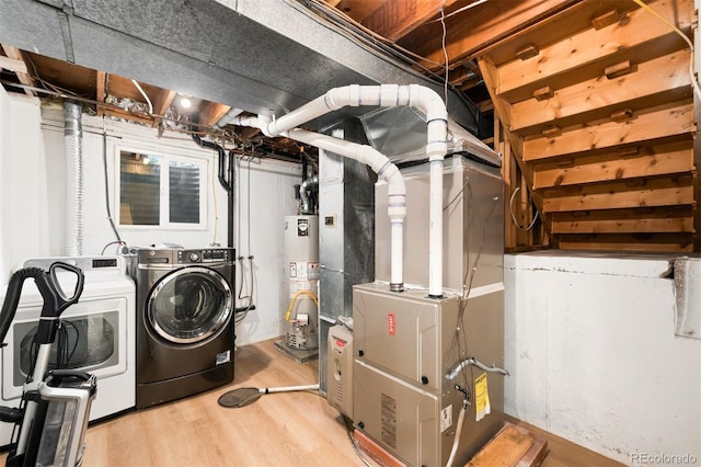 655 Cree Cir, Boulder, CO 80303 - washroom featuring washer and clothes dryer, water heater, heating unit, and light wood finished floors